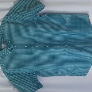 L.L. Bean L Regular Short Sleeve Button Down Dress Shirt Teal Green Checkered